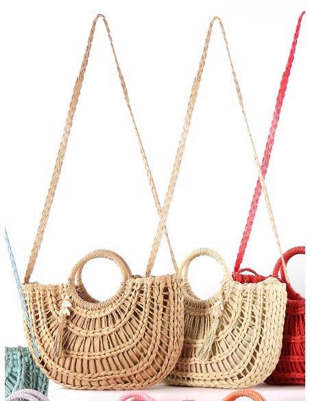 Bolso de rafia semicircular con asa redonda