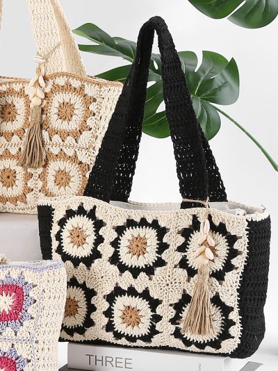 Bolso tote crochet granny square con borla