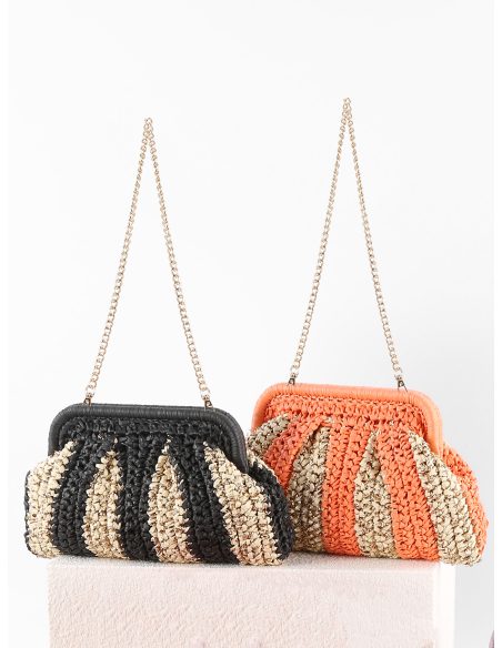 Clutch de rafia a rayas con cadena