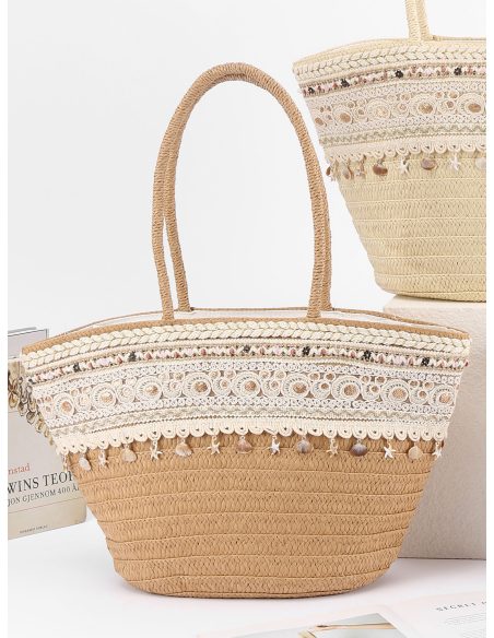 Bolso capazo grande de rafia con encaje y conchas