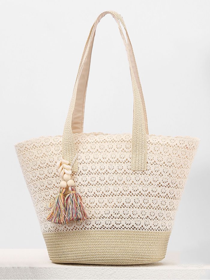 Bolso capazo de playa de encaje con borla y conchas