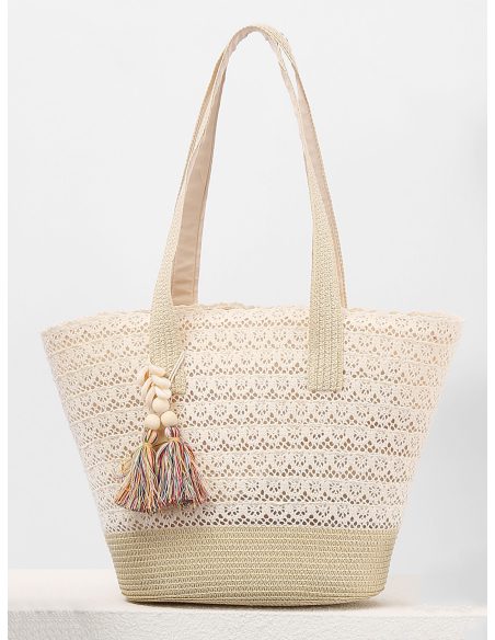 Bolso capazo de playa de encaje con borla y conchas