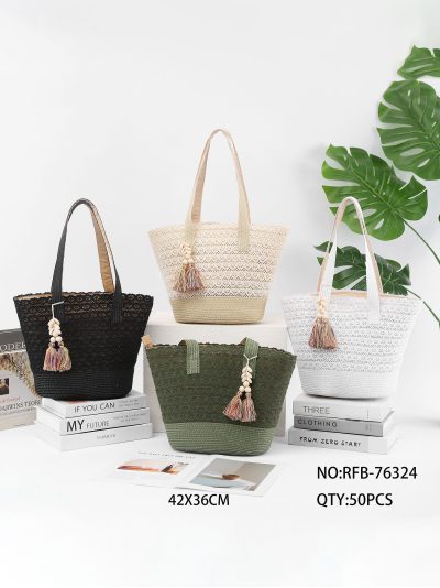 Bolso capazo de playa de encaje con borla y conchas 2