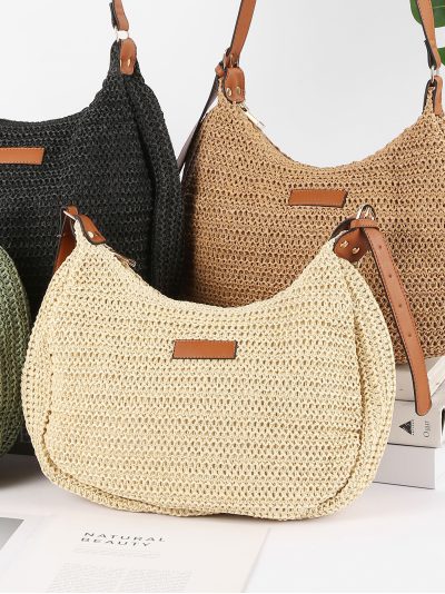 Bolso bandolera de rafia con asas efecto piel