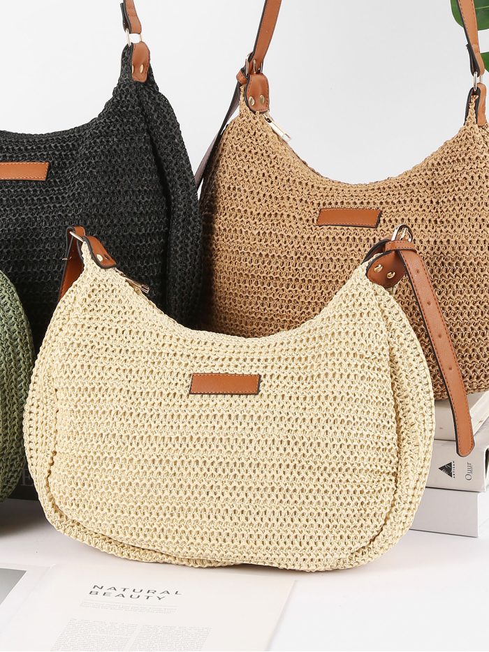 Bolso bandolera de rafia con asas efecto piel