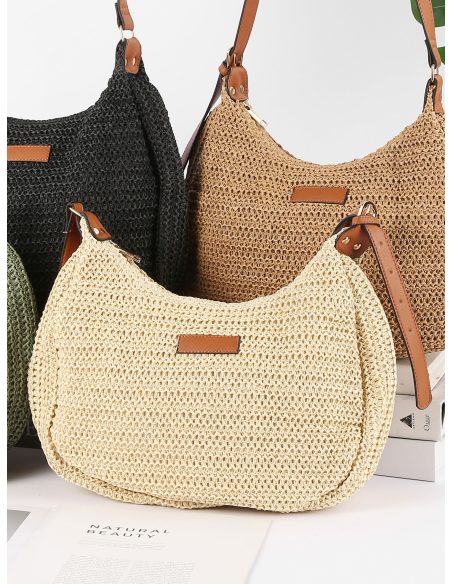 Bolso bandolera de rafia con asas efecto piel