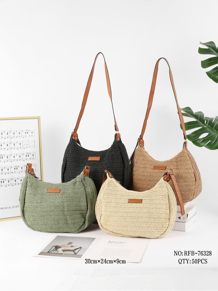 Bolso bandolera de rafia con asas efecto piel