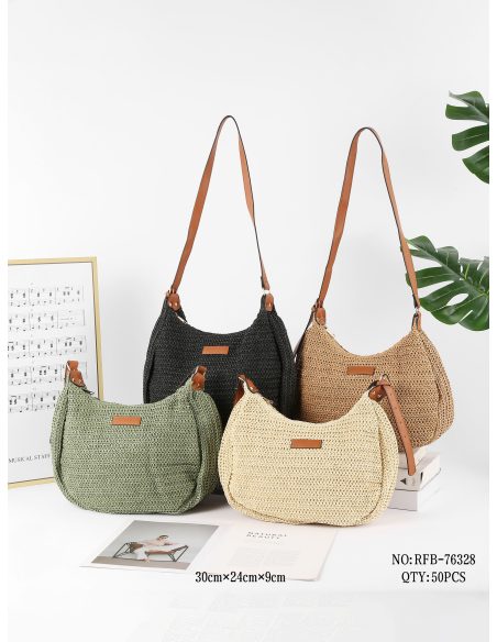 Bolso bandolera de rafia con asas efecto piel