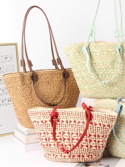 Bolso shopper de rafia bicolor con asas a contraste