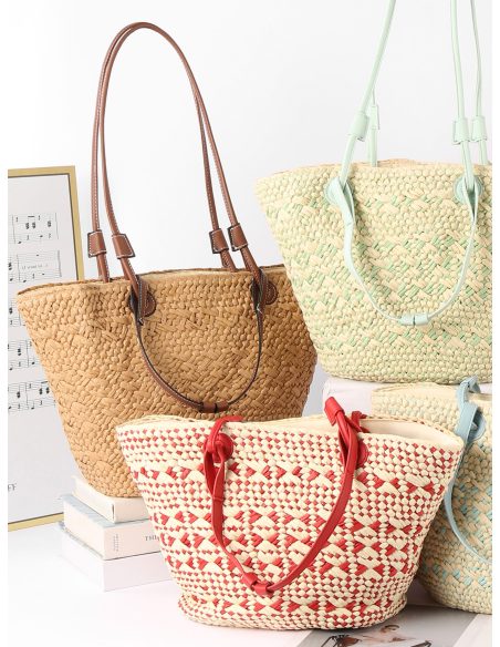 Bolso shopper de rafia bicolor con asas a contraste