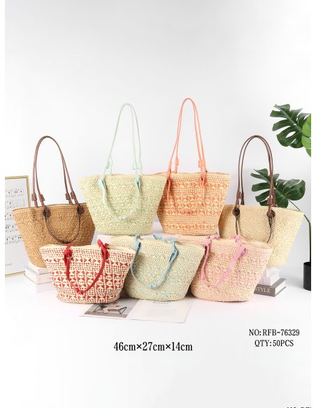 Bolso shopper de rafia bicolor con asas a contraste