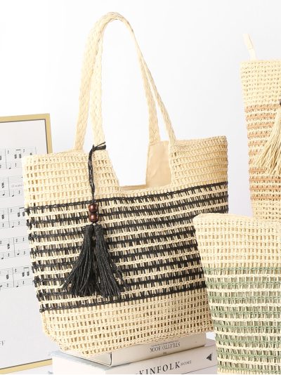 Bolso tote de rafia a rayas con borla