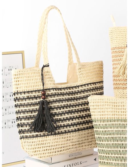 Sac cabas rayé en raphia avec pompon