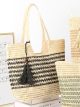 Sac cabas rayé en raphia avec pompon