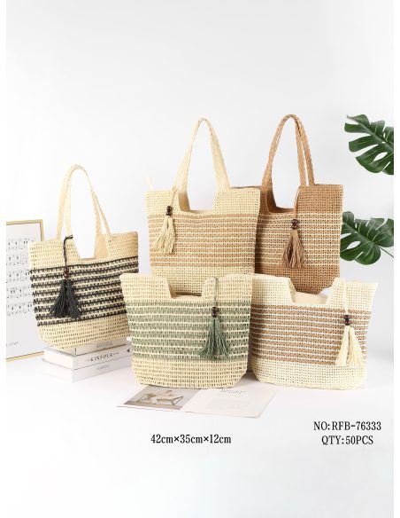 Sac cabas rayé en raphia avec pompon