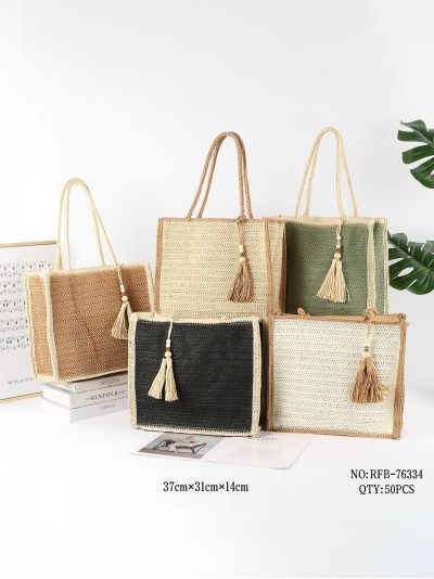 Bolso shopper contraste de rafia con borla 2