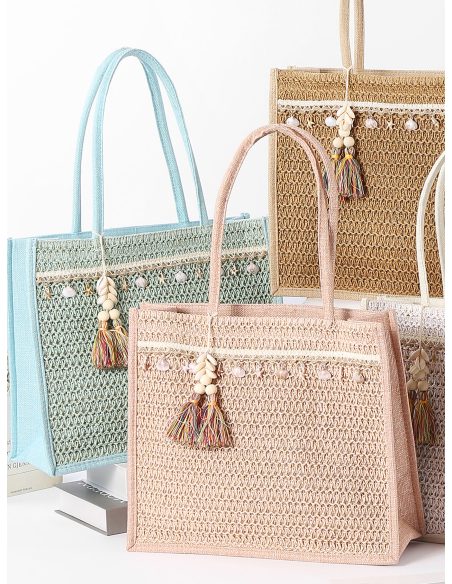 Sac cabas en raphia orné de coquillages et d'un pompon