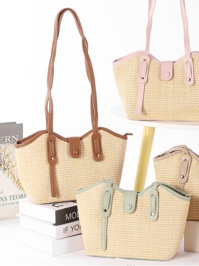 Bolso de hombro mini de rafia con asas efecto piel