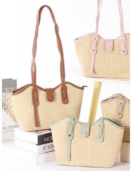 Bolso de hombro mini de rafia con asas efecto piel