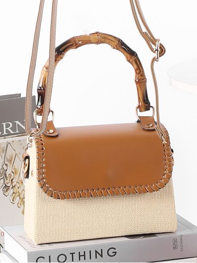 Bolso tote mini rígido de rafia con asa efecto bambú