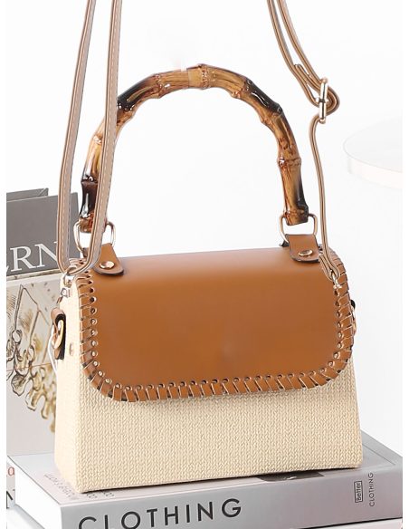 Mini sacola rígida de ráfia com alça imitando bambu