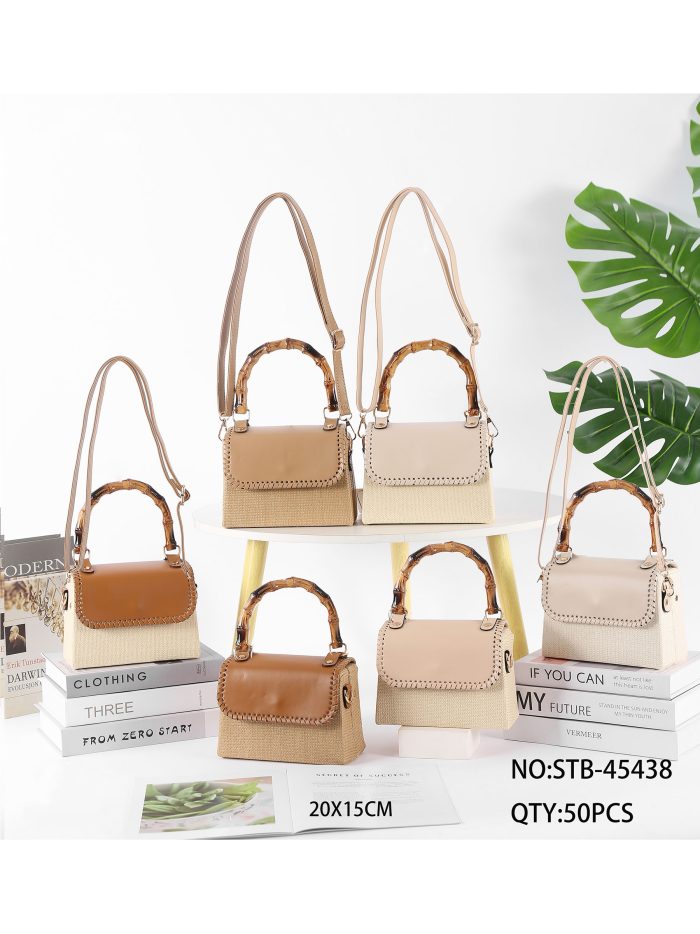 Mini sacola rígida de ráfia com alça imitando bambu