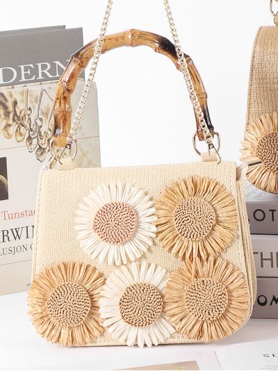Bolso tote mini de rafia con flores y asa efecto bambú