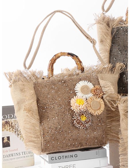 Bolso shopper de rafia con flores y asa efecto bambú