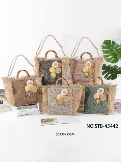 Bolso shopper de rafia con flores y asa efecto bambú 2