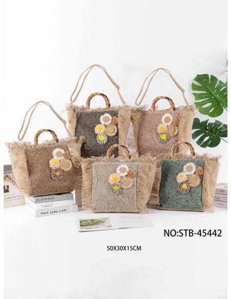 Bolso shopper de rafia con flores y asa efecto bambú