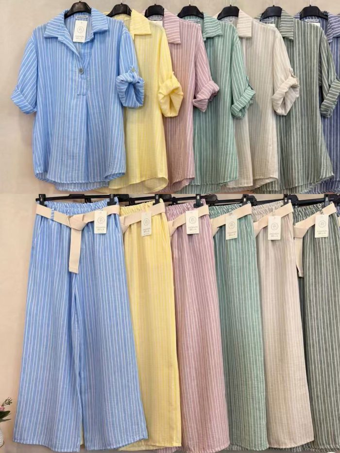 Conjunto rayas: camisa y pantalón con cinturón