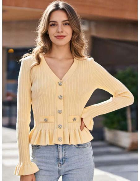 Cardigan a coste con bottoni gioiello e peplo