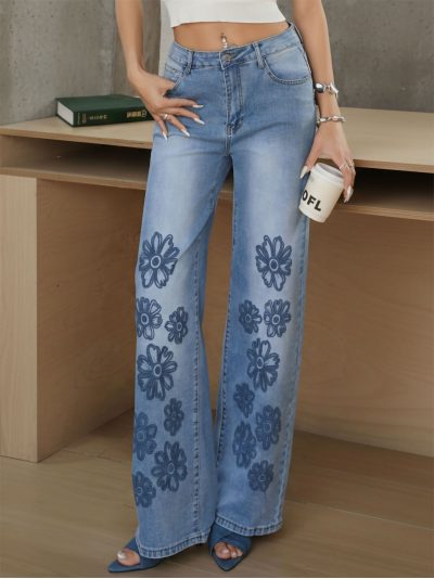 Jeans wide leg bordado flores