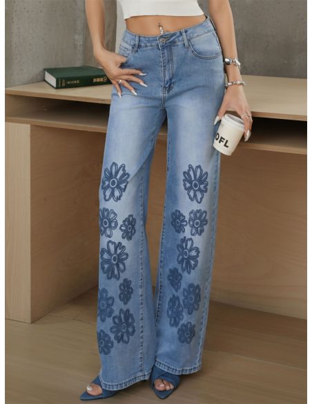Jeans wide leg bordado flores