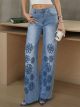 Jeans wide leg bordado flores