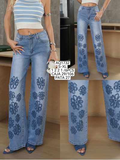 Jeans wide leg bordado flores 2