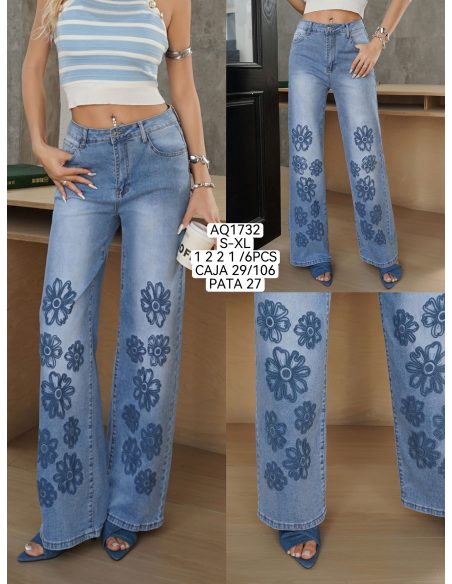 Jeans wide leg bordado flores