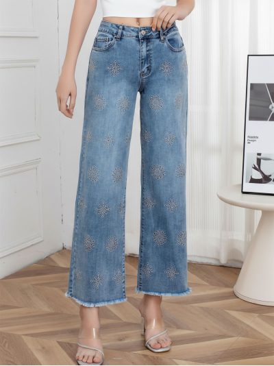 Jeans wide leg bordado geométrico
