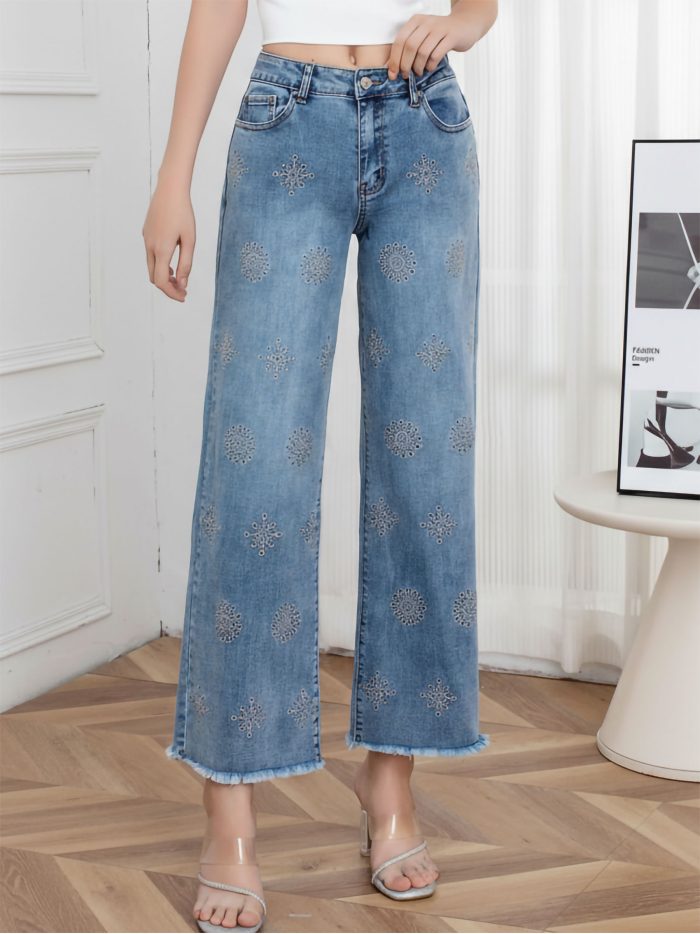 Jeans wide leg bordado geométrico