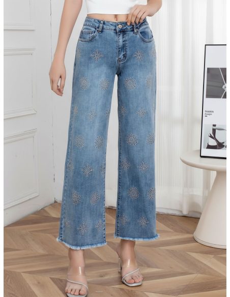 Jeans wide leg bordado geométrico