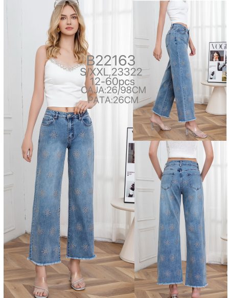 Jeans wide leg bordado geométrico