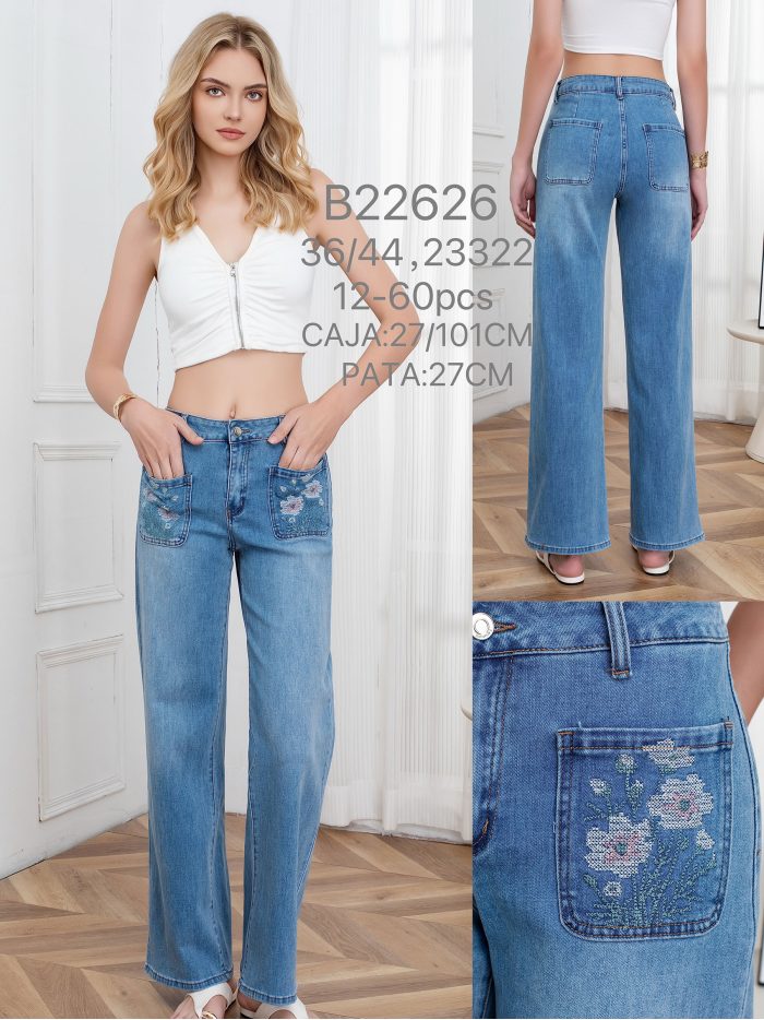 Jeans wide leg con bolsillos bordados