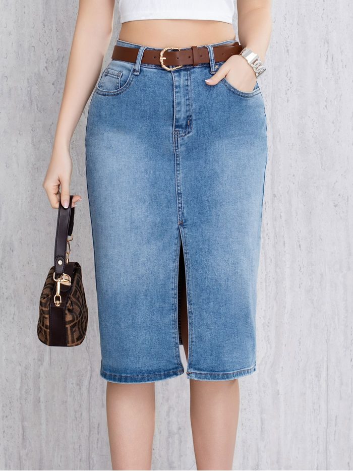 Gonna midi in denim con spacco e cintura