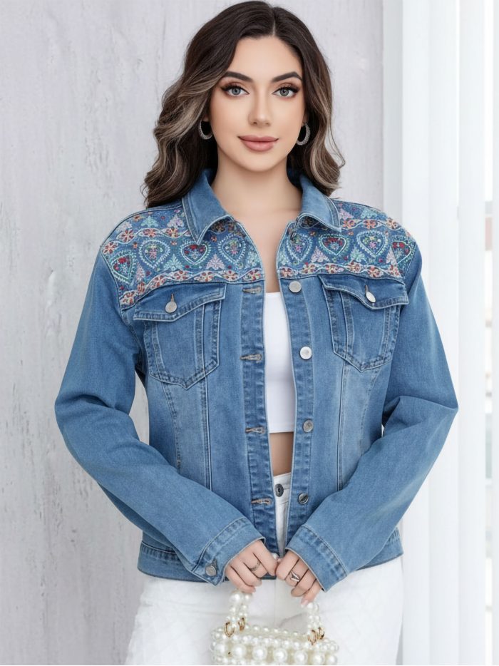 Plus-size embroidered denim jacket