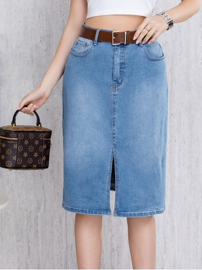Falda denim midi abertura frontal con cinturón