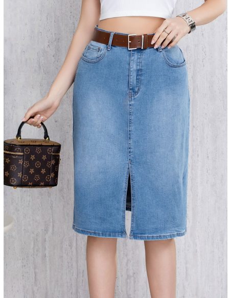 Falda denim midi abertura frontal con cinturón