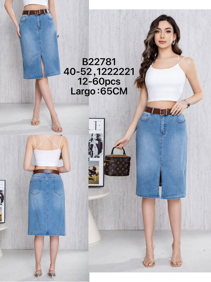 Falda denim midi abertura frontal con cinturón