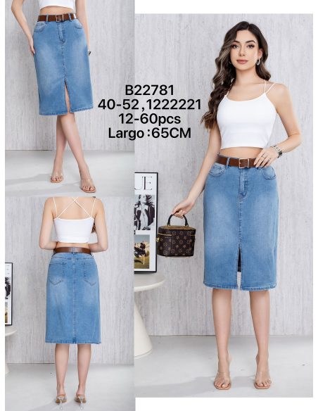 Falda denim midi abertura frontal con cinturón