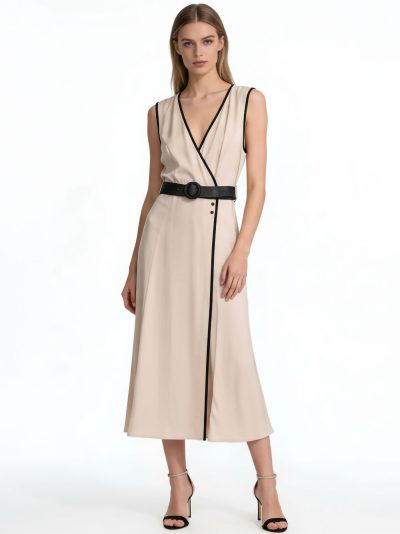 Vestido midi efecto lino cruzado con cinturón y ribete en contraste