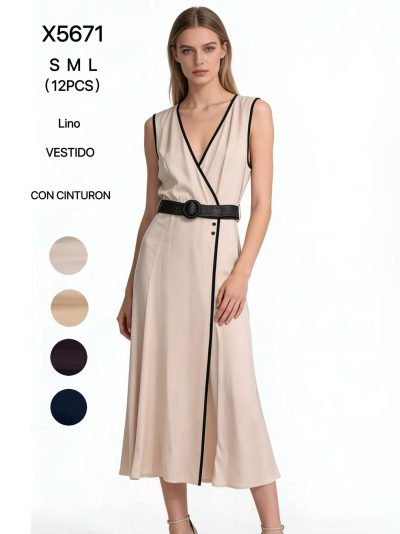 Vestido midi efecto lino cruzado con cinturón y ribete en contraste 2